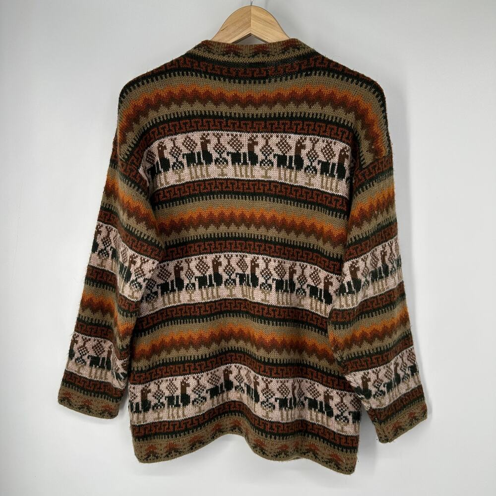 Vintage Mens 100% Alpaca Andean Peru Llama Cardigan Fair Isle Crew Neck Sweater - Picture 6 of 8